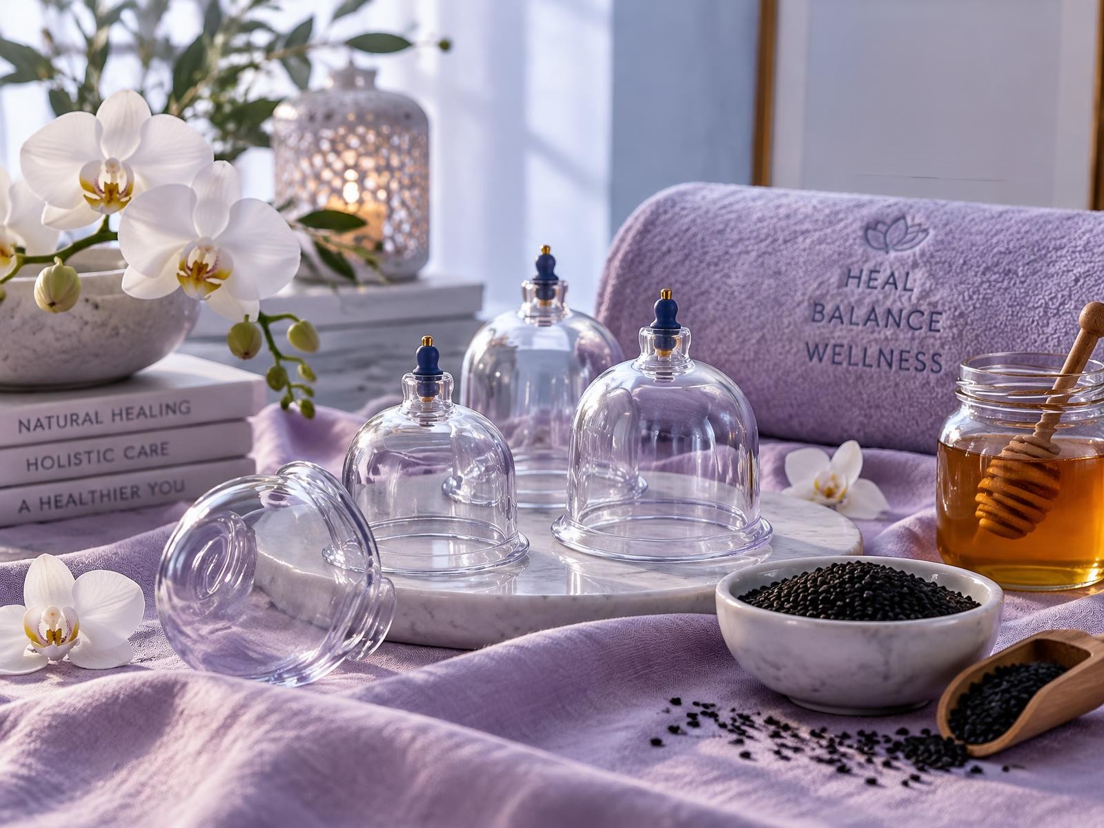 Glass hijama cups with orchids, honey and black seed